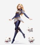  1girl armor artstation_username blonde_hair blue_eyes bodysuit boots breastplate faulds full_body hairband highres isaac_liew jumping league_of_legends lips looking_at_viewer lux_(league_of_legends) open_hands poro_(league_of_legends) shadow shoulder_armor simple_background skipping standing standing_on_one_leg white_background winged_footwear 
