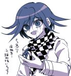  1boy :d bangs blood blood_on_face checkered checkered_neckwear checkered_scarf commentary_request dangan_ronpa_(series) dangan_ronpa_v3:_killing_harmony eyebrows_visible_through_hair flipped_hair grey_background grey_jacket hair_between_eyes hand_up jacket limited_palette long_sleeves male_focus open_mouth ouma_kokichi pink_blood sasakama_(sasagaki01) scarf smile solo translation_request upper_body 