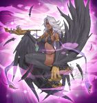  1girl animal_feet animal_hands armlet artist_name bag bare_shoulders black_feathers black_legwear black_wings breasts choker claws dark-skinned_female dark_skin feathered_wings feathers hair_over_one_eye holding holding_pipe jin_(sirius-j) long_hair medium_breasts midriff mole mole_under_mouth original parody parted_lips pink_background pipe red_eyes signature smoke solo stirrup_legwear style_parody talons thigh-highs toeless_legwear white_hair winged_arms wings yu-gi-oh! 