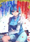  1girl bangs blue_eyes blue_flower blue_hair blue_skirt blue_vest blurry blurry_background breasts collared_shirt cross-laced_clothes depth_of_field eyebrows_visible_through_hair falling_petals feet_out_of_frame flower hair_between_eyes heterochromia highres jichou_senshi juliet_sleeves karakasa_obake large_breasts light_smile long_sleeves looking_at_viewer parted_lips petals puffy_sleeves red_eyes red_flower shirt simple_background sitting skirt solo tatara_kogasa touhou umbrella vest white_shirt wisteria 