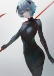  1girl absurdres ayanami_rei bangs black_bodysuit blue_hair bodysuit breasts closed_mouth commentary eyebrows_visible_through_hair grey_background hair_between_eyes highres holding looking_at_viewer mochii neon_genesis_evangelion plugsuit red_eyes short_hair small_breasts solo twitter_username 
