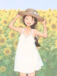  :d adjusting_clothes adjusting_headwear afunai armpits bow braid brown_hair closed cowboy_shot dress field flower flower_field hair_bow hat hat_bow head_tilt highres long_hair open_mouth see-through_silhouette see_through_shanghai silhouette single_braid smile standing straw_hat sun_hat sundress sunflower tan tanlines white_bow white_dress 