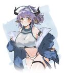  1girl absurdres animal_ears arknights armband bangs bare_shoulders bikini blue_jacket blush breasts commentary_request cowboy_shot eyebrows_visible_through_hair grey_bikini highres horns huge_breasts jacket long_sleeves looking_at_viewer off_shoulder open_clothes open_jacket purple_hair retri short_hair sideroca_(arknights) sideroca_(light_breeze)_(arknights) smile solo standing swimsuit thigh_strap thighs visor_cap yellow_eyes 
