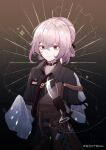  1girl bangs bartender black_shirt bronya_zaychik bronya_zaychik_(haxxor_bunny) brown_gloves choker closed_mouth cup glass gloves grey_eyes grey_hair hair_between_eyes holding holding_cup honkai_(series) honkai_impact_3rd looking_at_viewer name_tag polishing polo_shirt senin_liku shirt short_sleeves smile solo towel 