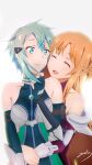  2girls asuna_(sao) bare_shoulders blue_eyes blue_hair blush braid breasts brown_hair closed_eyes french_braid hair_between_eyes highres hug hug_from_behind long_hair multiple_girls short_hair signature sinon small_breasts surprised sword_art_online upper_body white_background yaato_(yamato99725444) yuri 