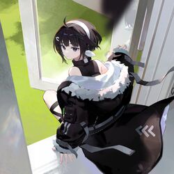  1girl ahoge arknights black_coat black_eyes black_hair black_shirt coat commentary fur-trimmed_hood fur_trim hairband highres hood hood_down iris_(user_pskd5754) la_pluma_(arknights) looking_at_viewer shirt short_hair sitting sleeveless sleeveless_shirt solo white_hairband window windowsill 