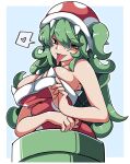  1girl absurdres breasts dress gokuu_(acoloredpencil) green_eyes green_hair heart highres large_breasts long_hair super_mario_bros. personification piranha_plant red_dress sleeveless sleeveless_dress solo speech_bubble spoken_heart strapless strapless_dress tongue tongue_out warp_pipe 