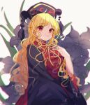  1girl bangs black_headwear black_sleeves blonde_hair bow breasts chinese_clothes closed_mouth crescent eyebrows_visible_through_hair eyes_visible_through_hair floral_background flower grey_flower hand_up hat highres junko_(touhou) light lily_(flower) long_hair long_sleeves looking_at_viewer medium_breasts moshihimechan pom_pom_(clothes) red_eyes red_vest shadow smile solo touhou vest white_background wide_sleeves yellow_bow yellow_neckwear 