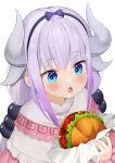  1girl :o bangs beads blue_eyes blunt_bangs blush burger capelet commentary_request dragon_girl dragon_horns dress drooling eyebrows_visible_through_hair food hair_beads hair_ornament hairband highres holding holding_food horns kanna_kamui kobayashi-san_chi_no_maidragon light_purple_hair long_hair low_twintails open_mouth simple_background solo sparkle twintails upper_body white_background yuya_(pixiv37335712) 