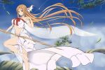  1girl asuna_(sao) bare_shoulders barefoot blue_sky blush braid breasts brown_eyes brown_hair clouds elf gray_(hui_tong) highres large_breasts leaf long_hair navel pointy_ears side_braid sky solo standing standing_on_one_leg sword_art_online titania_(sao) tree tree_branch very_long_hair 