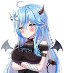  1girl absurdres arm_strap arms_under_breasts bangs blue_hair blush crossed_arms demon_girl demon_horns demon_tail demon_wings elf eyebrows_visible_through_hair hair_behind_ear highres hololive horns long_hair looking_to_the_side pointy_ears portrait solo tail tsukito_5555 virtual_youtuber white_background wings yellow_eyes yukihana_lamy 
