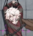  1boy 1other arms_up bangs blood blood_from_mouth blurry blurry_foreground bound brown_shirt chain dangan_ronpa_(series) dangan_ronpa_2:_goodbye_despair dangan_ronpa_another_episode:_ultra_despair_girls depth_of_field english_commentary holding komaeda_nagito long_sleeves looking_at_viewer male_focus messy_hair mittens official_alternate_costume open_mouth pink_blood red_shirt shirt solo_focus striped striped_shirt teeth tile_wall tiles upper_body white_hair yandr4hope 