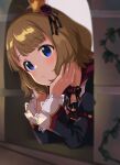  1girl bangs blue_eyes blunt_bangs blurry blurry_foreground blush brown_hair closed_mouth crown depth_of_field elbow_rest eyebrows_visible_through_hair hair_ornament hands_up head_tilt highres idolmaster idolmaster_million_live! idolmaster_million_live!_theater_days inuyama_nanami juliet_sleeves long_sleeves looking_at_viewer medium_hair mini_crown o3o puffy_sleeves solo suou_momoko upper_body 