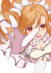  1girl absurdres artist_name asuna_(sao) breasts brown_hair downblouse from_above garter_straps highres looking_at_viewer open_mouth ranhana_(bio392) red_eyes solo sword_art_online tearing_up teeth thigh-highs tongue twitter_username 