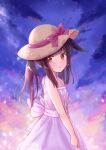  1girl animal_ears azur_lane bangs black_hair blunt_bangs blurry brown_eyes collarbone commentary_request depth_of_field dress ear_down eyebrows_visible_through_hair eyes_visible_through_hair fox_ears from_side hat head_tilt long_hair looking_at_viewer looking_to_the_side m_ko_(maxft2) nagato_(azur_lane) parted_lips sidelocks solo straw_hat twilight twintails white_dress 