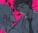  2boys angry bangs bottle breast_pocket clothes_pull dangan_ronpa_(series) dangan_ronpa_2:_goodbye_despair english_commentary grey_hair highres hinata_hajime komaeda_nagito looking_at_another male_focus messy_hair multiple_boys necktie pink_background pocket polearm shirt shirt_pull short_hair simple_background smile spear tearing_up teeth upper_body weapon what_if yandr4hope 