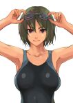  1girl adjusting_goggles armpits bangs black_swimsuit blue_swimsuit bob_cut breasts brown_eyes commentary competition_swimsuit goggles green_hair hands_on_own_head hands_up large_breasts light_smile looking_at_viewer one-piece_swimsuit original short_hair simple_background solo swimsuit tomboy tomoshiki white_background 