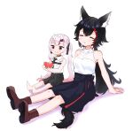  2girls :3 =_= animal_ears bare_shoulders black_hair eating food food_on_face full_body highres hololive horns kirome_toru_2 multiple_girls nakiri_ayame oni oni_horns ookami_mio silver_hair sitting virtual_youtuber watermelon_slice wolf_ears wolf_girl younger 