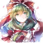  1girl bangs bow closed_mouth collar dress eyebrows_visible_through_hair eyes_visible_through_hair green_eyes green_hair hair_between_eyes hair_bow kagiyama_hina kutsuki_kai petals red_bow red_dress simple_background smile solo touhou upper_body white_background white_collar 