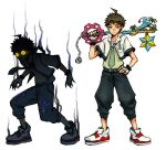  2boys bangs black_hair black_pants brown_hair chain character_request claws commentary_request dangan_ronpa_(series) dangan_ronpa_2:_goodbye_despair dual_persona fingerless_gloves frown full_body gloves hand_on_hip hinata_hajime holding holding_weapon kingdom_hearts male_focus multiple_boys pants red_footwear shirt shirt_tucked_in shoes short_hair short_sleeves simple_background sneakers spiky_hair standing weapon white_background yandr4hope 