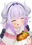  1girl bangs beads blunt_bangs blush burger capelet closed_eyes commentary_request dragon_girl dragon_horns dress drooling eating eyebrows_visible_through_hair food food_on_face hair_beads hair_ornament hairband heart highres holding holding_food horns kanna_kamui kobayashi-san_chi_no_maidragon light_purple_hair long_hair low_twintails open_mouth simple_background smile solo twintails upper_body white_background yuya_(pixiv37335712) 