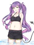  1girl absurdres black_shorts breasts collarbone demon_girl demon_tail fang green_eyes halterneck highres hololive long_hair looking_at_viewer navel navel_piercing open_mouth piercing purple_hair shorts skin_fang small_breasts solo suzu_coconatu tail tokoyami_towa twintails v-shaped_eyebrows virtual_youtuber water 
