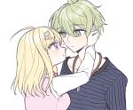  1boy 1girl ahoge akamatsu_kaede amami_rantarou bangs blonde_hair blush breasts commentary_request dangan_ronpa_(series) dangan_ronpa_v3:_killing_harmony eye_contact eyebrows_visible_through_hair fc_(efushii) green_eyes green_hair hair_between_eyes hair_ornament hands_on_another&#039;s_face hetero jewelry large_breasts long_hair long_sleeves looking_at_another musical_note_hair_ornament necklace pale_skin parted_lips pink_vest pout shirt simple_background striped striped_shirt sweater_vest upper_body vest violet_eyes white_background 
