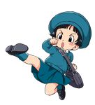  1girl :o bag bangs black_eyes black_footwear black_hair blue_headwear blue_legwear blue_skirt blue_sweater blush_stickers boriroba child dragon_ball dragon_ball_super dragon_ball_super_super_hero flying_kick full_body hat highres kicking kindergarten_uniform mary_janes pan_(dragon_ball) school_bag school_uniform shirt shoes short_hair simple_background skirt socks solo sweater white_background white_shirt 