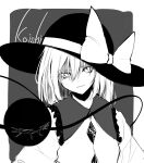  1girl absurdres bangs black_headwear blouse bow character_name closed_mouth collar crystal eyebrows_visible_through_hair frills grey_background grey_collar hair_between_eyes hat hat_bow highres hisha_(kan_moko) komeiji_koishi long_sleeves looking_at_viewer monochrome one-hour_drawing_challenge short_hair simple_background solo third_eye touhou white_background white_blouse white_bow white_eyes white_hair white_sleeves 