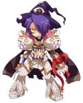  1boy armor bangs commentary_request emon-yu full_body genetic_(ragnarok_online) hair_between_eyes hair_over_one_eye hat living_clothes looking_at_viewer male_focus open_mouth pants pauldrons purple_hair purple_headwear ragnarok_online short_hair shoulder_armor simple_background solo standing syringe teeth tentacles white_background white_footwear white_pants witch_hat yellow_eyes 