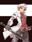  1boy character_request closed_mouth coat cougar_(cougar1404) denim fingerless_gloves gloves jeans looking_at_viewer male_focus pants red_eyes solo sword weapon white_hair 