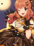  1girl :3 :d \m/ black_gloves blurry blurry_background blush bow breasts brown_eyes brown_skirt buttons cowboy_shot depth_of_field double-breasted eyebrows_visible_through_hair gloves hair_bow high-waist_skirt highres idolmaster idolmaster_cinderella_girls idolmaster_cinderella_girls_starlight_stage inuyama_nanami large_breasts looking_at_viewer moroboshi_kirari one_eye_closed open_mouth orange_hair skirt smile solo 