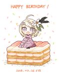  1girl ahoge akamatsu_kaede bangs blonde_hair cake chibi dangan_ronpa_(series) dangan_ronpa_v3:_killing_harmony dated dress fc_(efushii) flower food fork hair_flower hair_ornament happy_birthday looking_at_viewer musical_note open_mouth pink_dress pink_eyes simple_background smile solo standing white_background white_flower 