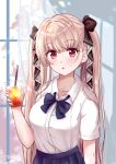  1girl absurdly_long_hair alternate_costume azur_lane bangs blurry bow bowtie collarbone commentary_request contemporary curtains depth_of_field drink drinking_straw eyebrows_visible_through_hair formidable_(azur_lane) hair_bow hair_ribbon holding holding_drink ice ice_cube long_hair looking_at_viewer m_ko_(maxft2) parted_lips red_eyes ribbon school_uniform sidelocks silver_hair solo twintails very_long_hair window 