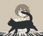  1boy absurdres animal_focus avogado6 black_cat brown_hair cat collared_shirt commentary_request grey_background grey_eyes highres instrument male_focus music original parted_lips piano playing_instrument shirt short_hair simple_background solo white_shirt wing_collar 