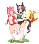  3girls animal_ears bangs black_buruma blood blush bow braid brown_hair buruma commentary_request eyebrows_visible_through_hair grass_wonder_(umamusume) hair_bow hair_intakes hair_ribbon haru_urara_(umamusume) headband horse_ears horse_girl horse_tail jacket long_hair looking_at_viewer multicolored_hair multiple_girls navel nosebleed open_mouth pink_eyes pink_hair ponytail red_buruma ribbon ryoji_(nomura_ryouji) short_hair short_sleeves skindentation smile special_week_(umamusume) tail thigh-highs translation_request two-tone_hair umamusume violet_eyes white_hair white_legwear 