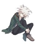  1boy bangs black_pants brown_footwear closed_mouth dangan_ronpa_(series) dangan_ronpa_2:_goodbye_despair full_body green_jacket grey_background grey_eyes haizai hood jacket knees_up komaeda_nagito long_sleeves looking_at_viewer male_focus messy_hair pants shirt shoes short_hair simple_background sitting smile solo 