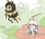  animal animalization arms_up bangs bee black_eyes brown_eyes brown_hair bug character_name closed_mouth dangan_ronpa_(series) dangan_ronpa_2:_goodbye_despair english_commentary flower flying heart hinata_hajime insect komaeda_nagito messy_hair moth needle no_humans red_flower short_hair wings yandr4hope 