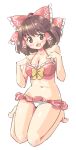  1girl :d alternate_costume arnest bangs bikini blush bow bow_bikini brown_eyes brown_hair eyebrows_visible_through_hair frilled_bikini frills hair_bow hair_tubes hakurei_reimu hand_on_own_chest highres kneeling open_mouth ponytail red_bikini red_bow short_hair smile swimsuit touhou yellow_bow 