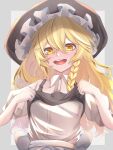  1girl apron bangs black_vest blonde_hair blush bow braid brown_headwear collar eyebrows_visible_through_hair frills grey_background hair_between_eyes hands_up hat highres kirisame_marisa long_hair looking_at_viewer open_mouth puffy_short_sleeves puffy_sleeves shirt short_sleeves single_braid smile solo touhou tsune_(tune) upper_body vest white_apron white_bow white_collar white_shirt white_sleeves witch_hat yellow_eyes 