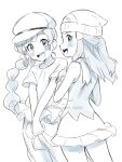  2girls :d beanie blush braid braided_ponytail chitozen_(pri_zen) chloe_(pokemon) collarbone commentary_request hikari_(pokemon) eyelashes greyscale hair_ornament hairclip hands_together hat highres long_hair looking_at_viewer looking_back monochrome multiple_girls open_mouth pokemon pokemon_(anime) pokemon_swsh_(anime) scarf shirt short_sleeves sleeveless smile t-shirt tongue twitter_username upper_teeth watermark white_headwear 