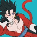  1boy abs bangs bare_arms bare_shoulders biceps black_hair blue_eyes dragon_ball_heroes earrings gloves haha_(haha_db) hand_on_own_cheek hand_on_own_face head_rest jewelry lying monkey_boy monkey_tail muscular muscular_male nipples obi pants potara_earrings red_fur red_pants sash simple_background solo solo_focus spiky_hair super_saiyan super_saiyan_4 tail vegetto vegetto_(xeno) white_gloves 