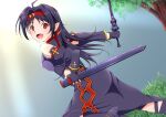  1girl ahoge armor blush breastplate detached_sleeves dutch_angle fingerless_gloves gloves grey_background looking_at_viewer pointy_ears purple_hair red_eyes redhead smile solo sword sword_art_online teto0315 tongue tree weapon yuuki_(sao) 