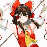 1girl arms_up bangs bare_shoulders blush bow brown_eyes brown_hair closed_mouth collar detached_sleeves eyebrows_visible_through_hair gohei hair_between_eyes hair_tubes hakurei_reimu hands_up ikasoba long_sleeves red_bow red_vest short_hair simple_background smile solo touhou upper_body vest white_background white_collar white_sleeves yellow_neckwear 