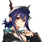  1girl arknights bangs baseball_cap black_jacket blue_hair ch&#039;en_(arknights) ch&#039;en_the_holungday_(arknights) clay_(clayjun) commentary_request dragon_horns hair_between_eyes hat highres holding holding_eyewear horns horns_through_headwear jacket long_hair looking_at_viewer red_eyes simple_background solo sunglasses upper_body white_background 