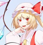  1girl bangs blonde_hair blue_background bow collar crystal flandre_scarlet hair_between_eyes hand_up hat hat_bow ikasoba long_sleeves looking_at_viewer mob_cap multicolored multicolored_wings open_mouth ponytail puffy_sleeves red_bow red_eyes red_nails red_vest shirt short_hair simple_background smile solo touhou upper_body vest white_collar white_headwear white_shirt white_sleeves wings yellow_neckwear 
