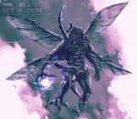  absurdres digimon digimon_(creature) energy_ball flying full_body highres kabuterimon monochrome monster no_humans open_mouth purple_theme shimhaq spread_wings 