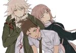  1girl 2boys ahoge back-to-back bangs black_jacket breast_pocket brown_hair brown_neckwear brown_skirt collarbone dangan_ronpa_(series) dangan_ronpa_2:_goodbye_despair eyebrows_visible_through_hair frown grey_eyes grey_hair grey_shirt hair_between_eyes hair_ornament hairclip hands_up hinata_hajime hood hood_down hooded_jacket jacket komaeda_nagito long_sleeves looking_at_viewer multiple_boys nanami_chiaki necktie pink_eyes pink_neckwear pocket print_shirt ribbon shirt short_hair simple_background skirt smile spaceship_hair_ornament vo1ez white_background 