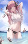  1girl arms_behind_head bikini black_bikini breasts bug butterfly clouds go-toubun_no_hanayome head_tilt highres insect long_hair looking_at_viewer marinesnow medium_breasts nakano_nino navel pink_butterfly pink_hair sketch sky solo swimsuit two_side_up violet_eyes water wet 