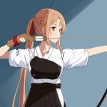  1girl archery arrow_(projectile) asuna_(sao) braid brown_eyes brown_hair crown_braid gloves gray_(hui_tong) kyuudou long_hair muneate ponytail solo sword_art_online yumi_(bow) 